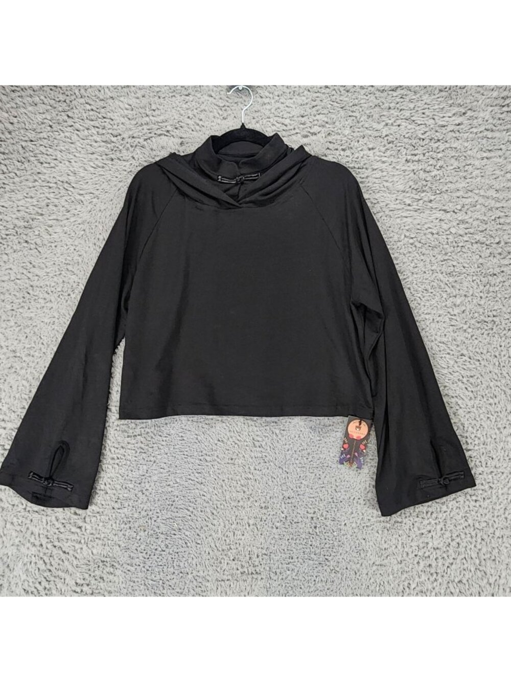 Modakawa Top Womens XL Black Bell Sleeve Cropped Jersey Knit Hoodie *NWT*